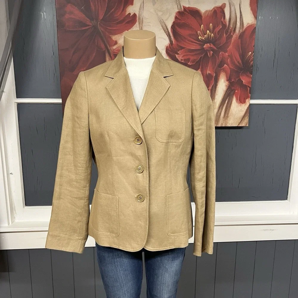 Talbots Irish Linen Blazer 8 Petite 8P Womens Jacket Light‎ Brown Lined - Picture 2 of 12
